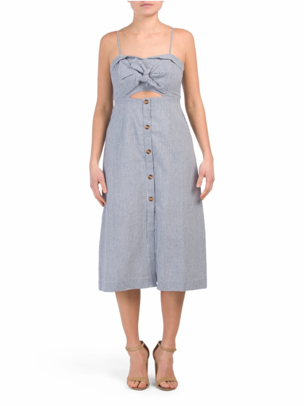 White Closet Striped Button-Front Midi Dress with Front Knot